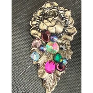 Vintage Style Rose Floral Clip On Earrings Multi Color Rhinestone Silver Tone